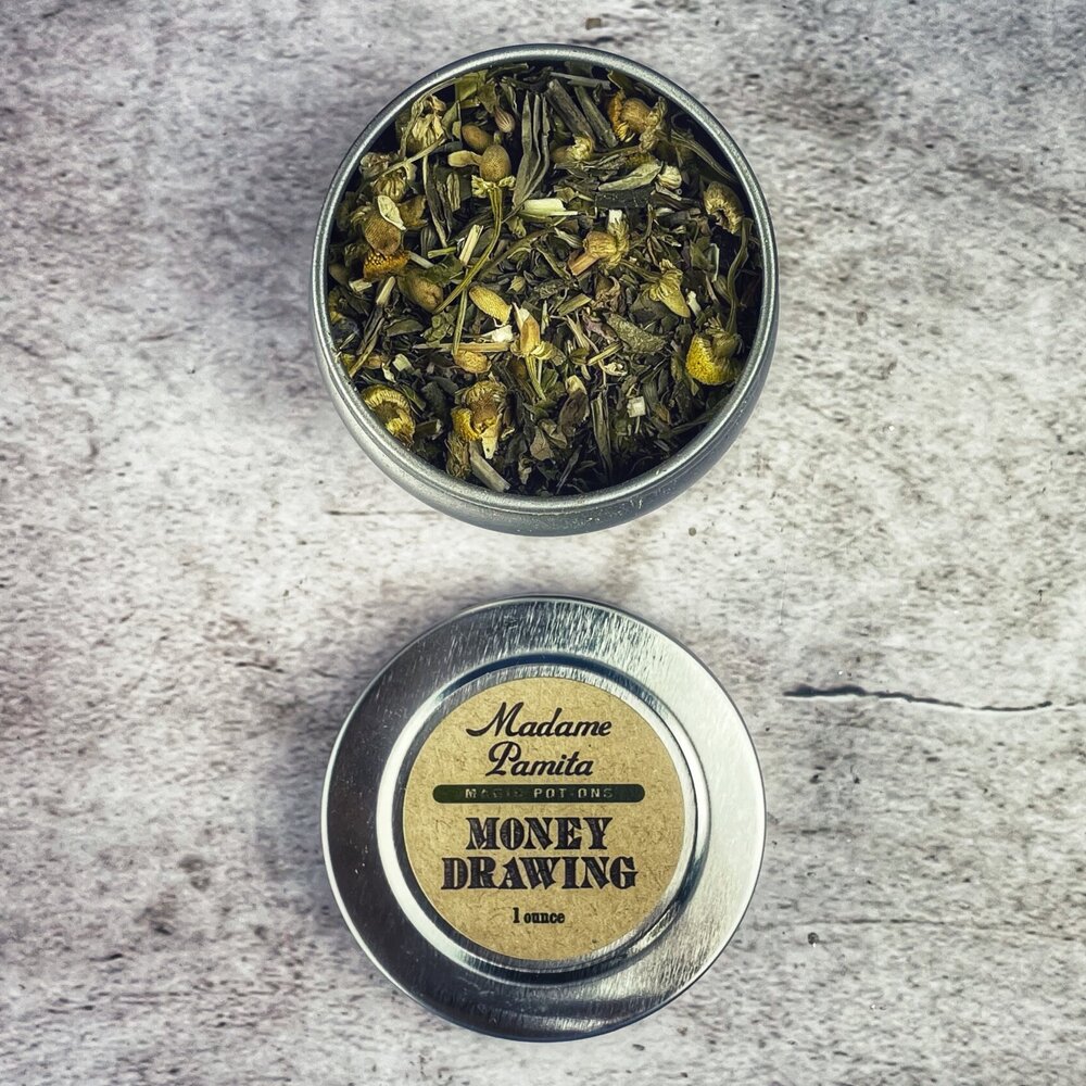 Parlour of Wonders Money Drawing Potion Spell Kit with metal tin and star infuser for attracting wealth and abundance.