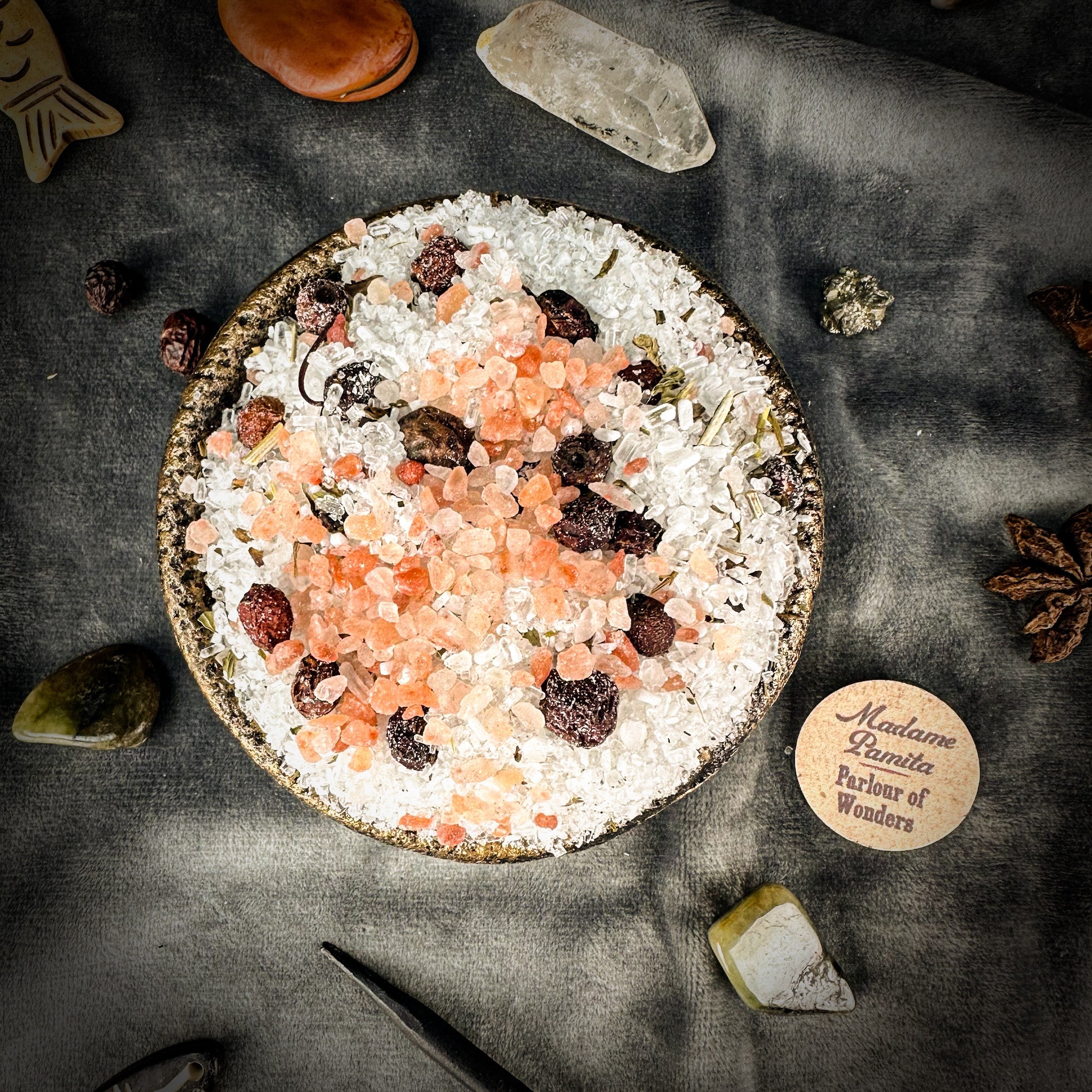 Small jar of Parlour of Wonders Energetic Purification Bath Crystals with colorful crystals for relaxation and cleansing.