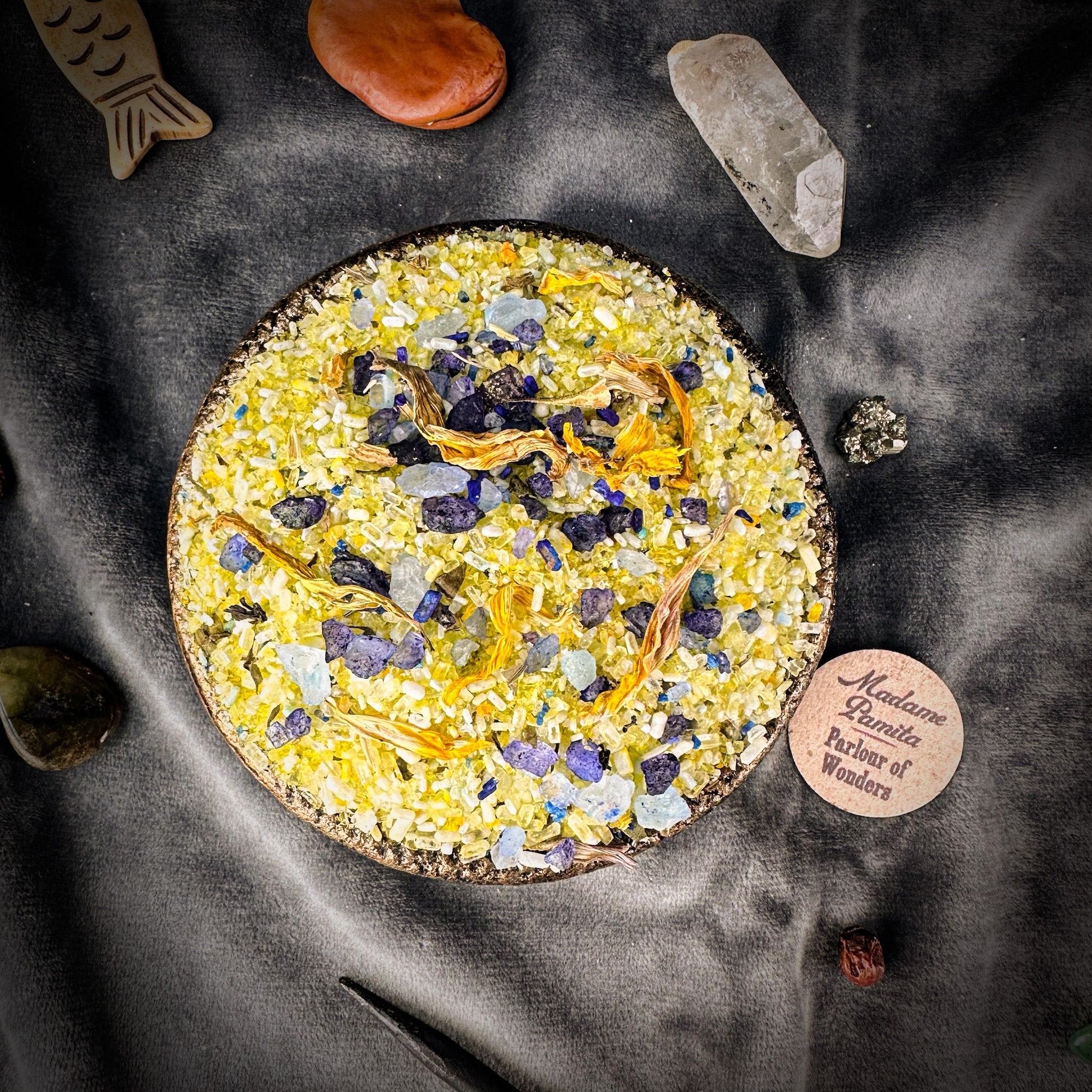 Small jar of Parlour of Wonders Fame and Fortune Bath Crystals with colorful crystals for a luxurious bath experience