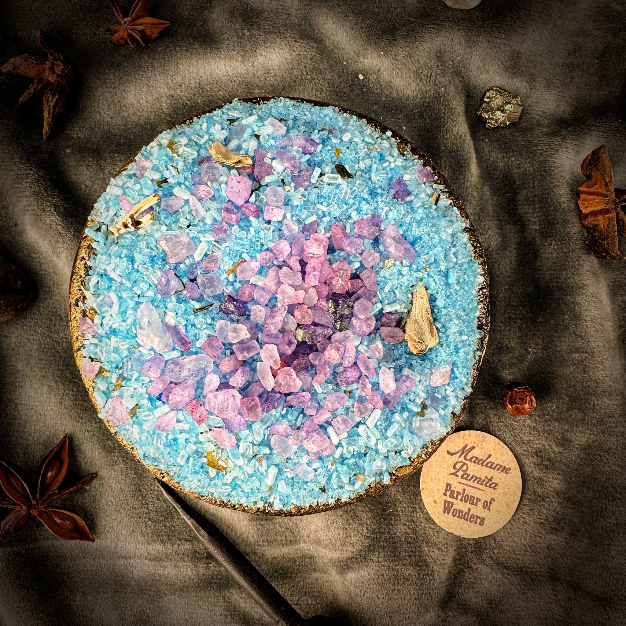 Parlour of Wonders High Creativity Bath Crystals in a bowl with colorful, mineral-like crystals for relaxing bath experience.