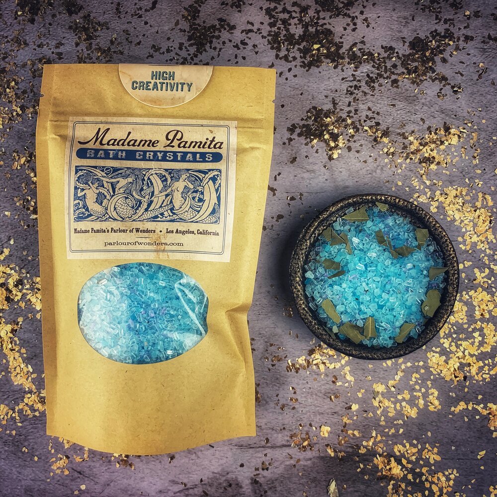 Parlour of Wonders High Creativity Bath Crystals in a jar with colorful crystals for relaxing and creative bath experiences.