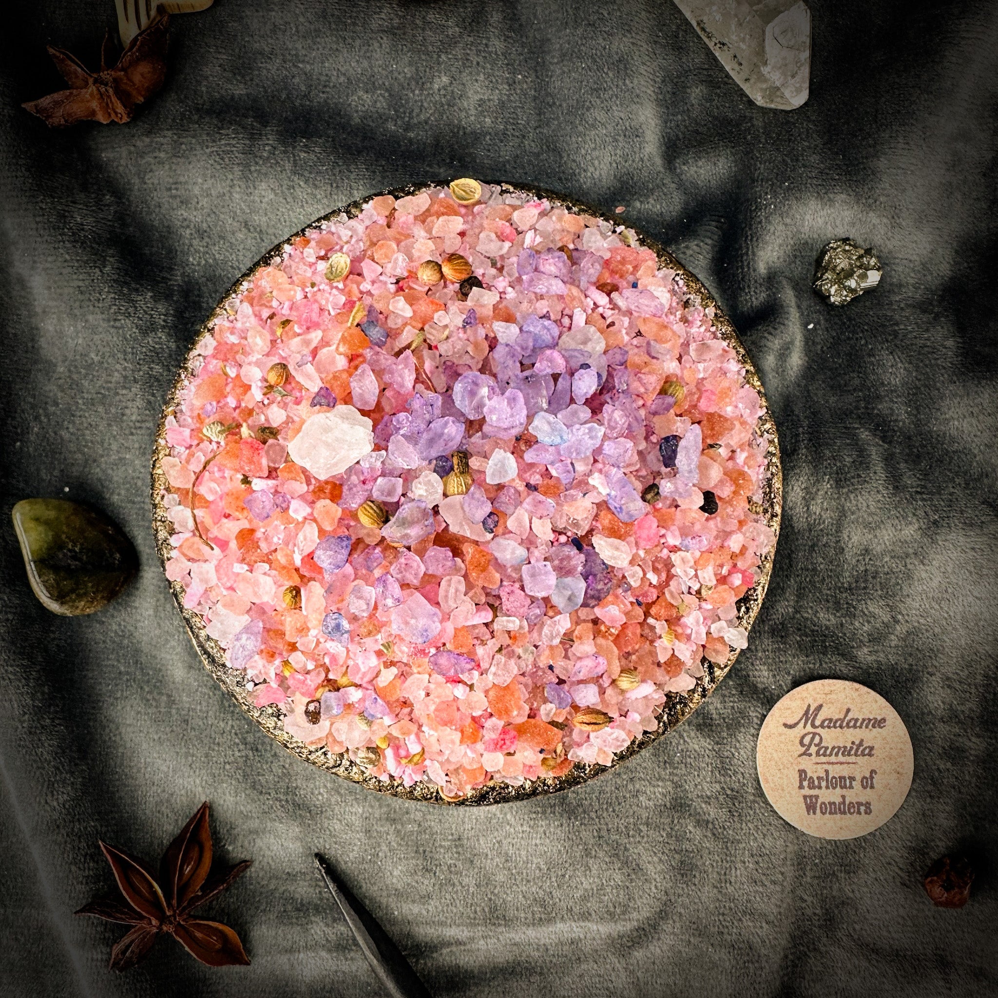 Small jar of Parlour of Wonders New Romance Bath Crystals with pink and white crystals for a relaxing bath experience