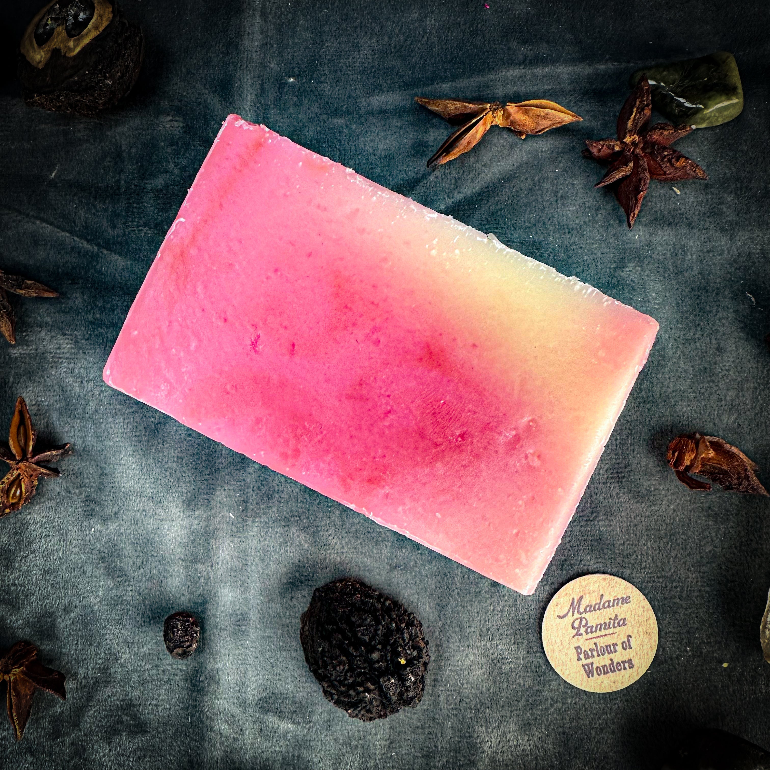 Parlour of Wonders prosperity and protection spell soap with intricate herbal and mystical design on a white background.
