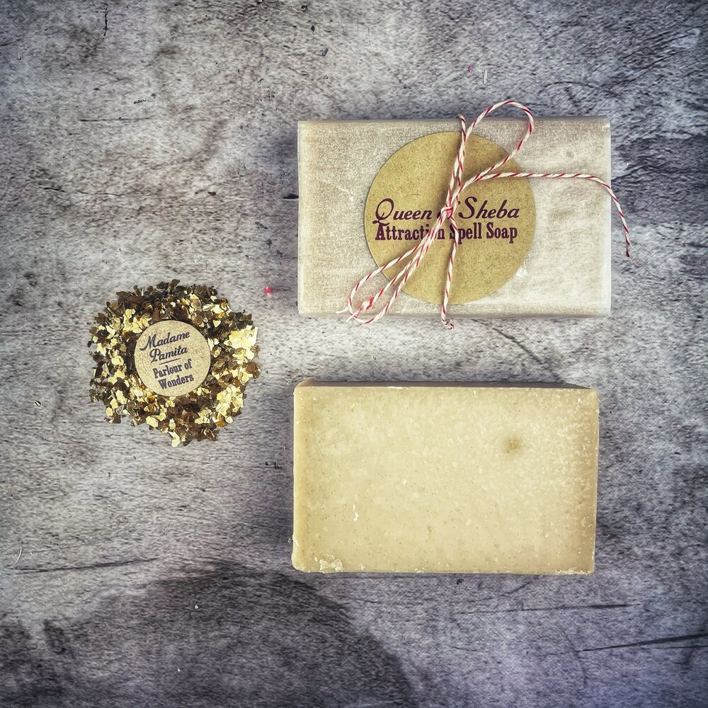 Queen of Sheba Attraction Spell Soap by Parlour of Wonders, featuring a luxurious soap with ornate packaging and mystical design.