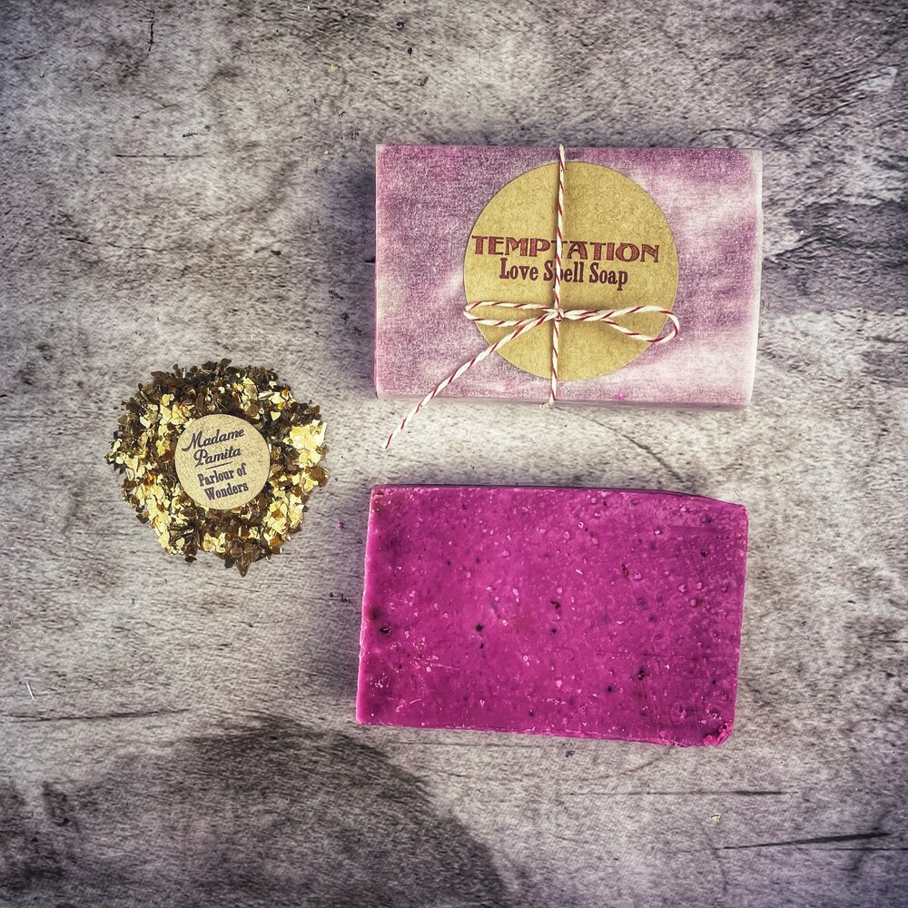 Parlour of Wonders Temptation Passion Spell Soap with floral and herbal ingredients, showcasing its elegant packaging and natural design.