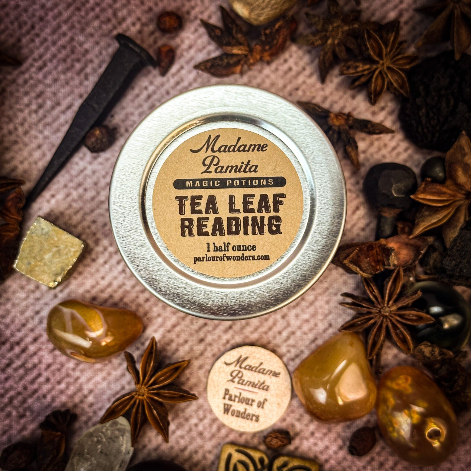 Deluxe Tea Leaf Reading Kit by Parlour of Wonders featuring tea leaves, reading tools, and instruction materials for tea divination.