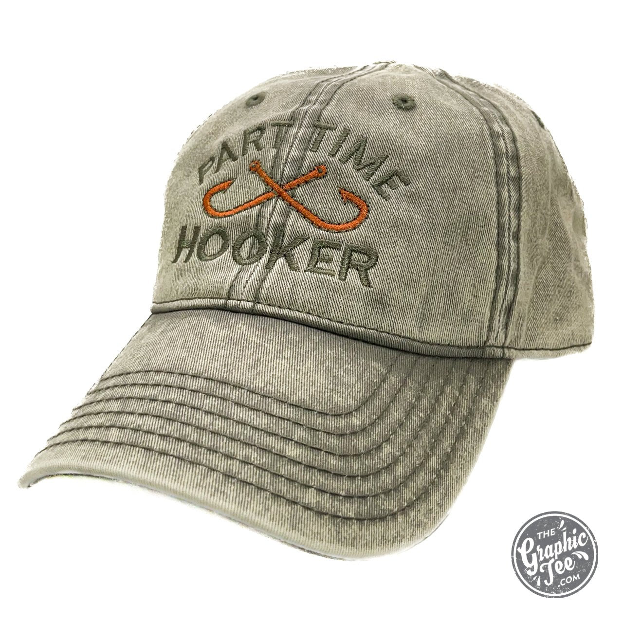 Vintage olive cap from The Graphic Tee with "Part Time Hooker" print, casual style, soft fabric, and adjustable strap.