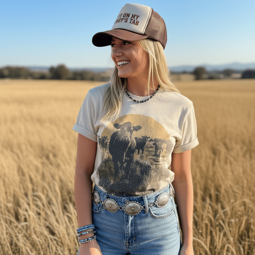 Wild Junkie Pasture Sunset Graphic Tee featuring a colorful sunset and pasture scene on a casual cotton t-shirt.