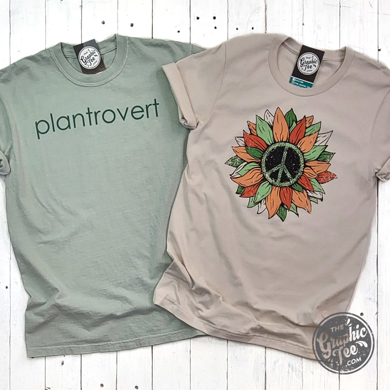 Peace Sunflower short sleeve graphic T-shirt by The Graphic Tee featuring a sunflower and peace sign design.