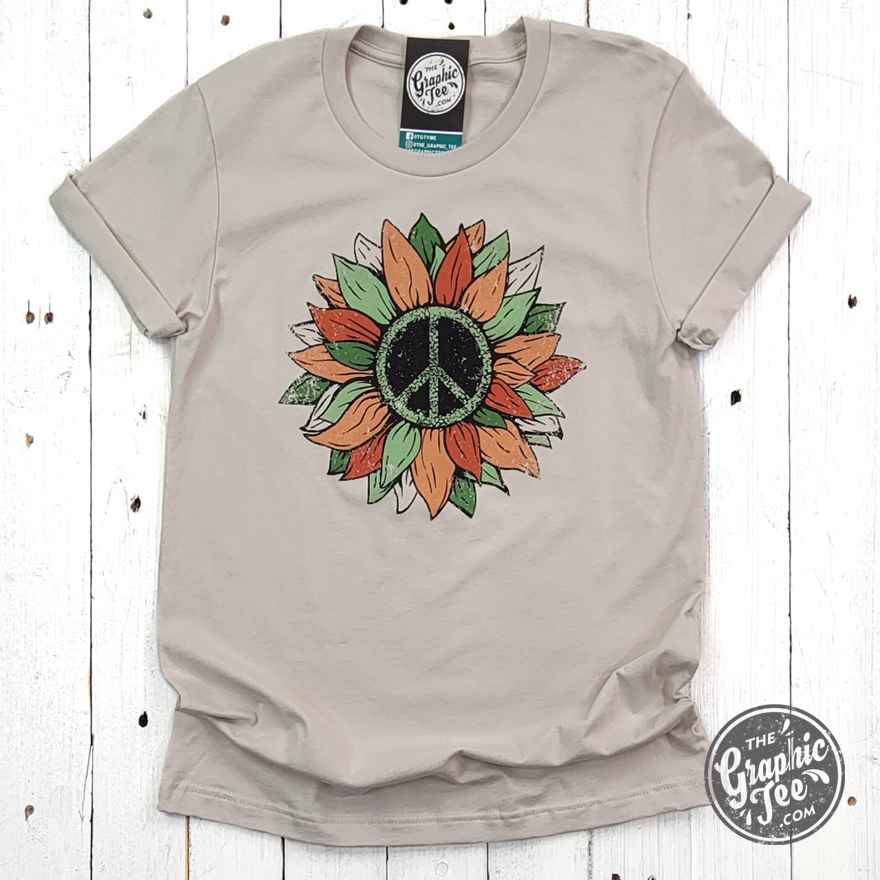 Peace sunflower short sleeve graphic tee from The Graphic Tee, featuring a vibrant sunflower and peace sign design.