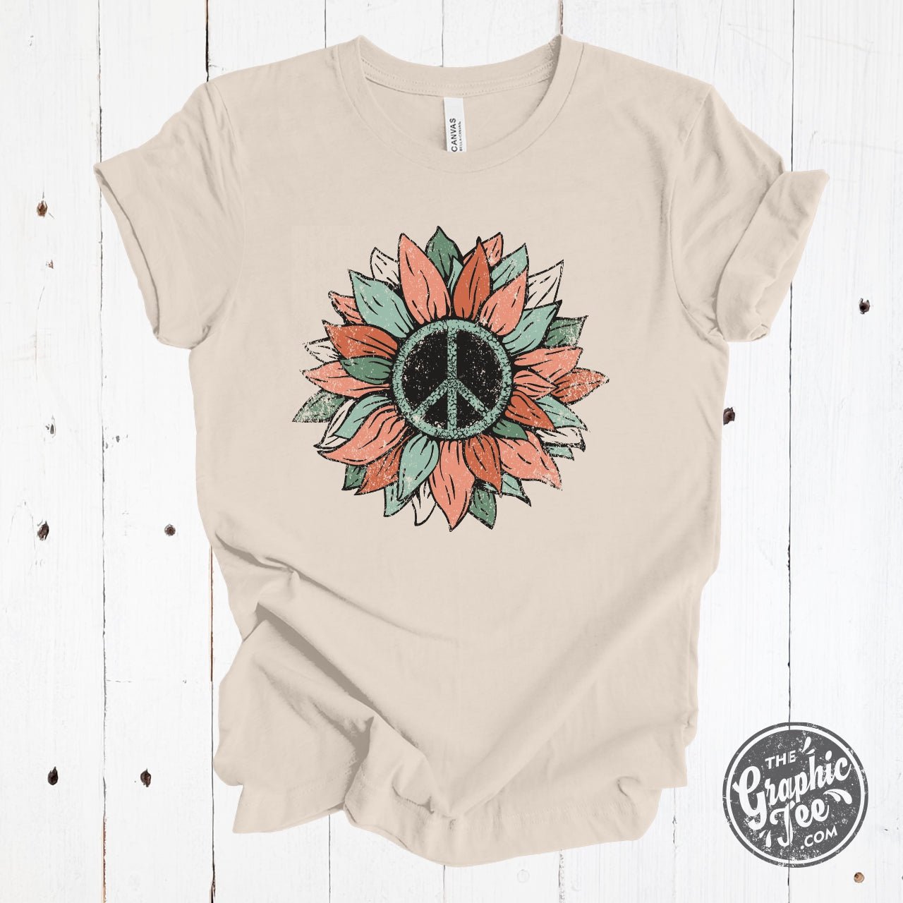 Peace Sunflower Short Sleeve Tee by The Graphic Tee, featuring a floral sunflower graphic on a casual short sleeve t-shirt.