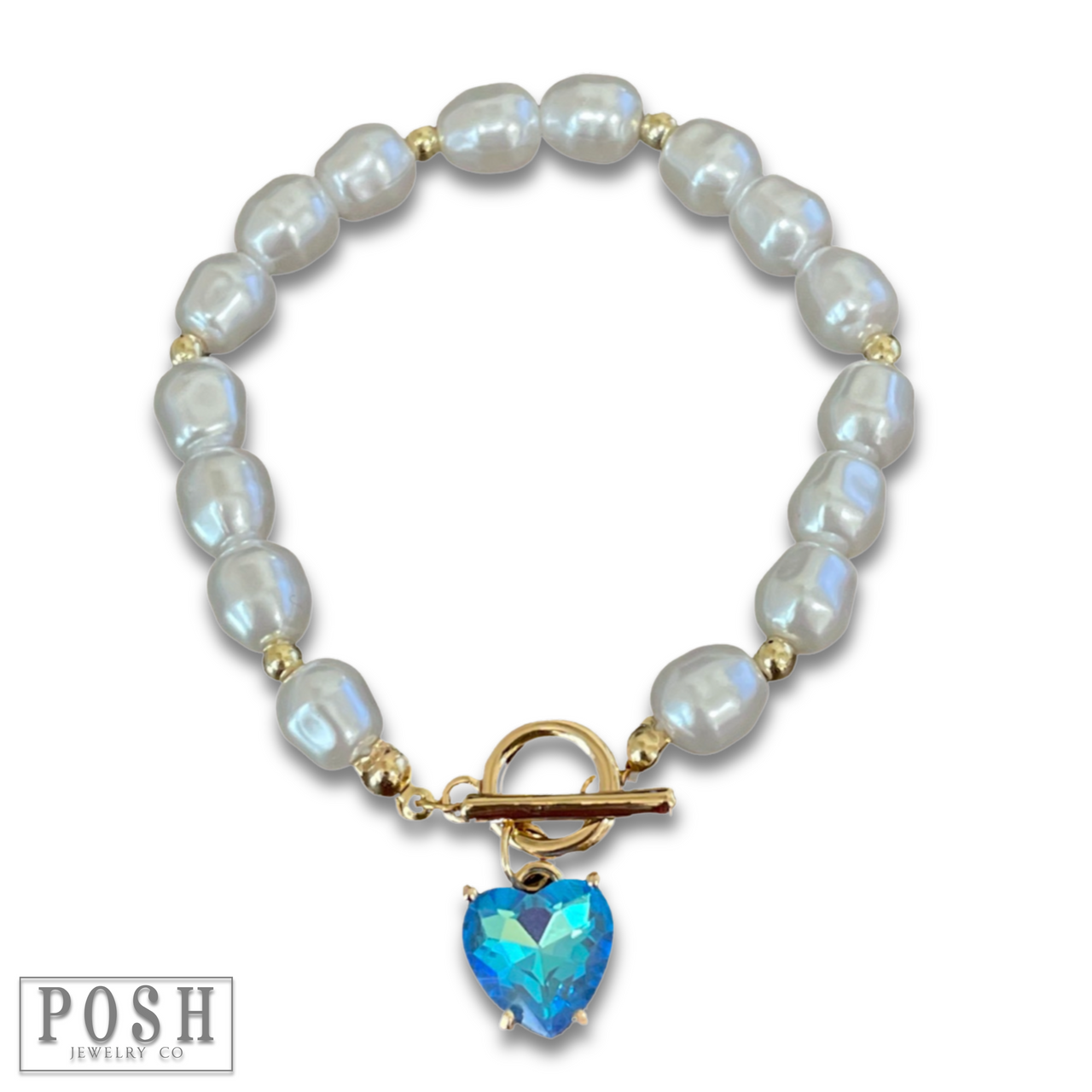 Pink Panache Brands pearl bracelet with a heart charm, featuring blue pearls and delicate bracelet design.