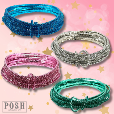 Set of pink stretch bracelets with tiny rhinestones by Pink Panache Brands, featuring blue accents and a flexible, stylish design.
