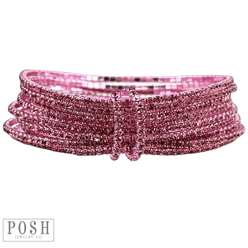Set of pink and blue rhinestone stretch bracelets by Pink Panache Brands with tiny sparkling stones and flexible design.