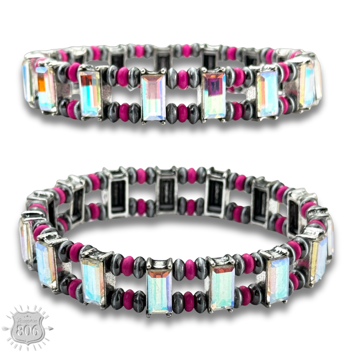 Pink Panache Brands bracelet with fuchsia rhinestones and burnished beads, stylish and vibrant jewelry accessory.