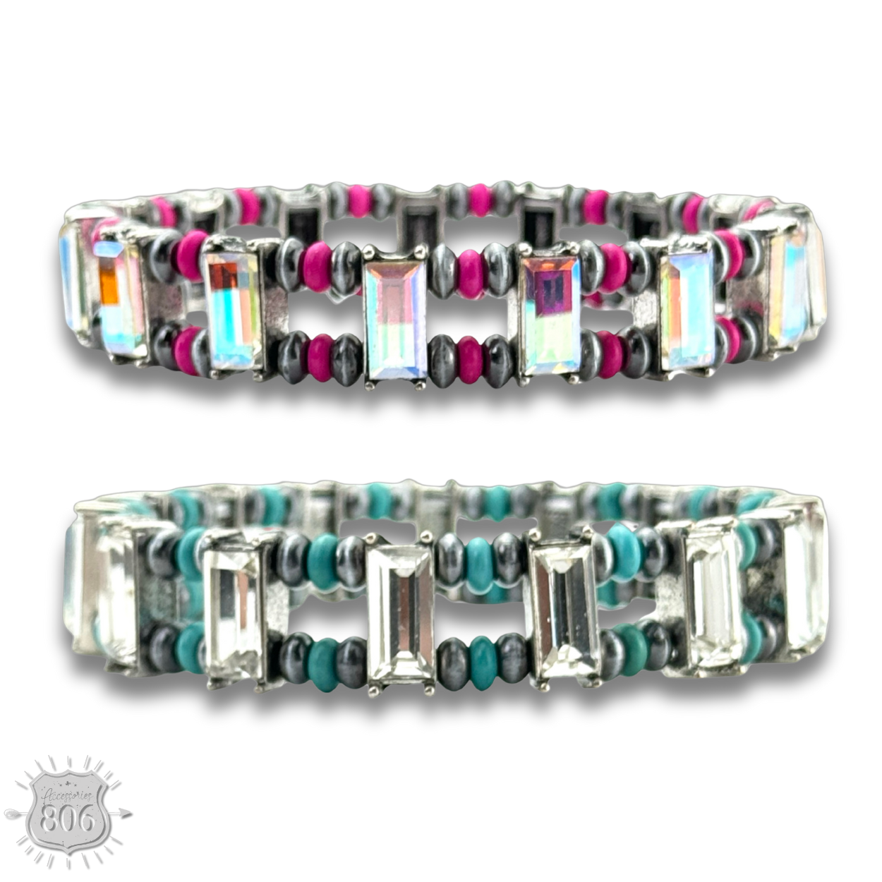 Fuchsia rhinestone and burnished bead bracelet by Pink Panache Brands, featuring sparkling stones and textured beads.