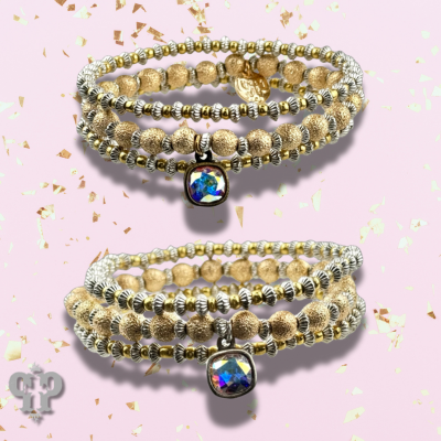 Gold foil texture bead stacked bracelet with Austrian crystals by Pink Panache Brands, showcasing sparkling beads and elegant design.