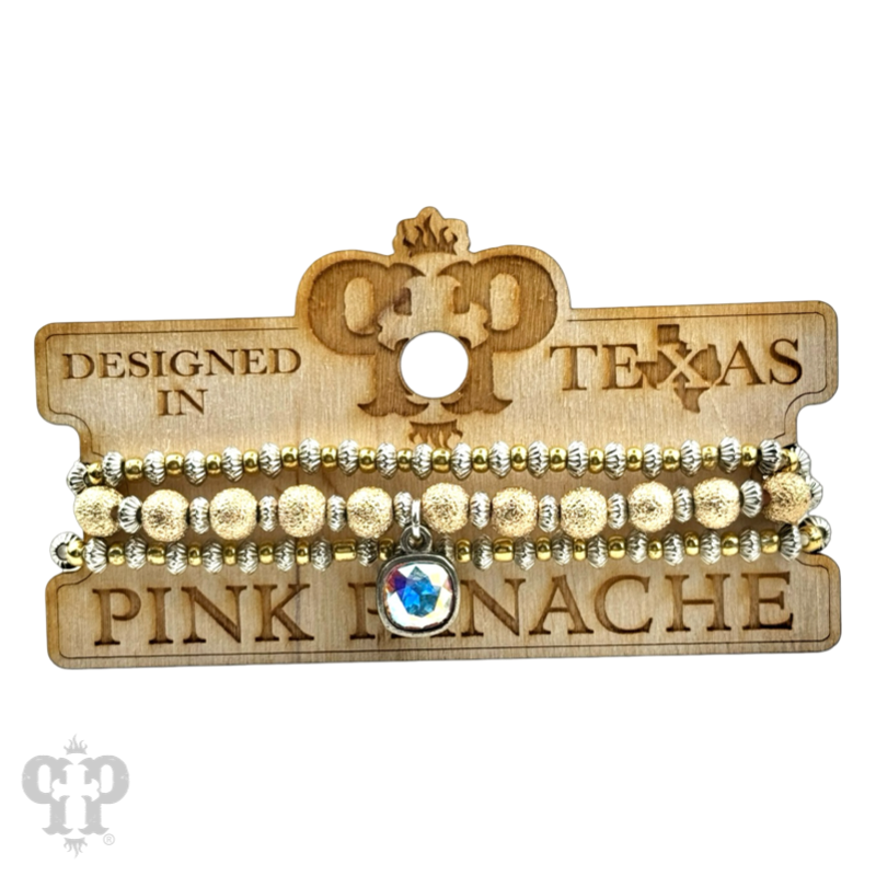 Gold foil texture bead stacked bracelet with Austrian crystals by Pink Panache Brands, featuring shiny beads and sparkling crystal accents.