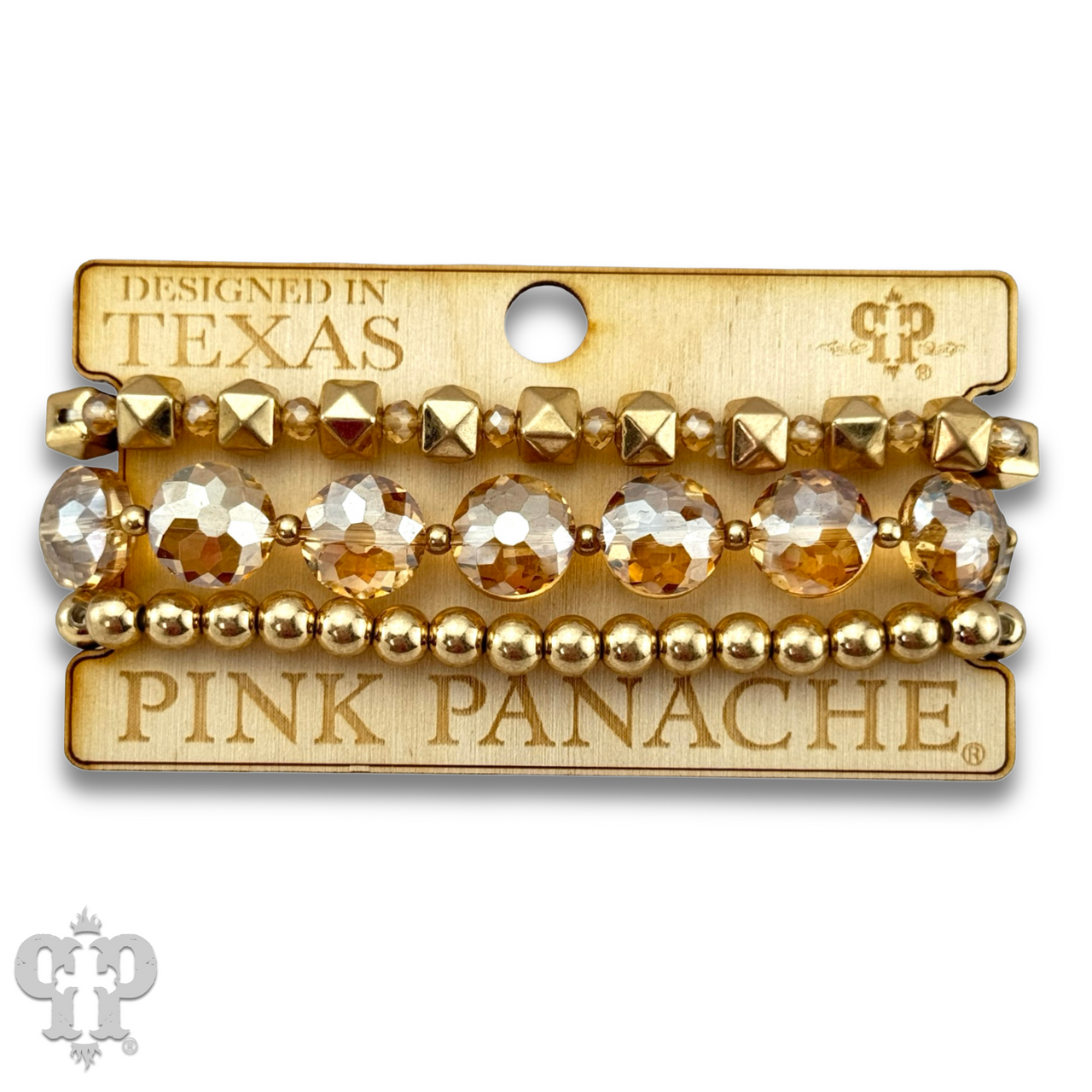 Gold and champagne bead bracelet from Pink Panache Brands, featuring elegant round beads on a delicate jewelry bracelet.