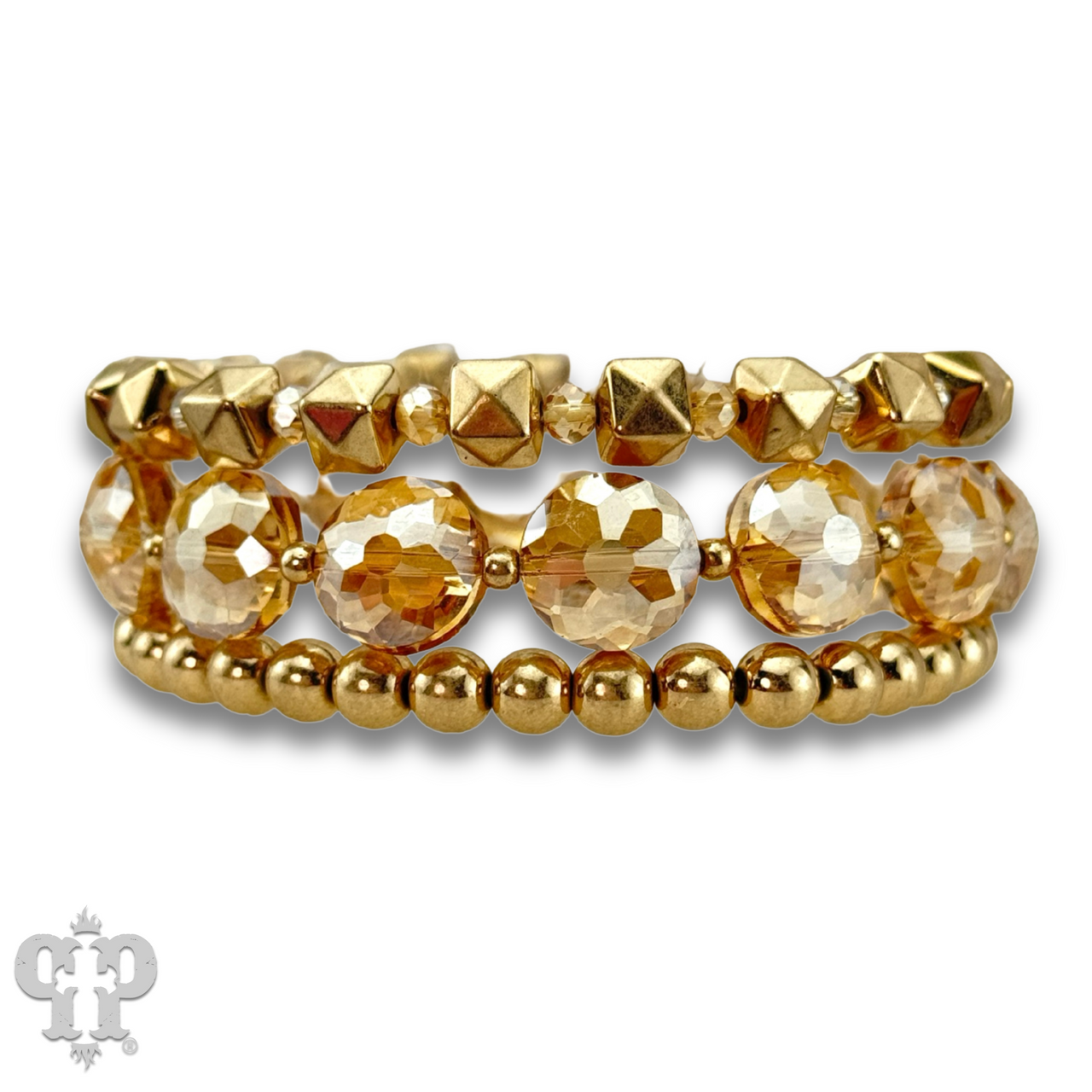 Gold and champagne bead bracelet from Pink Panache Brands featuring alternating sparkling beads on a stylish bracelet.