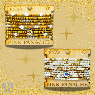 Stacked pony bead bracelet with gold, silver, and white beads from Pink Panache Brands, showcasing a layered jewelry style.
