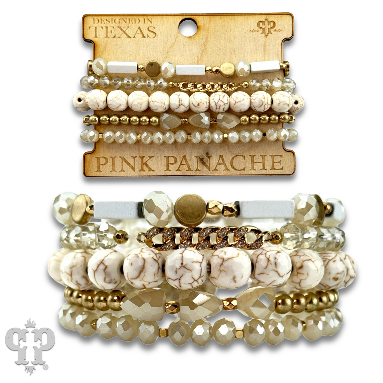 White stone, crystal, and gold bead bracelet featuring pink panache branding and elegant design.