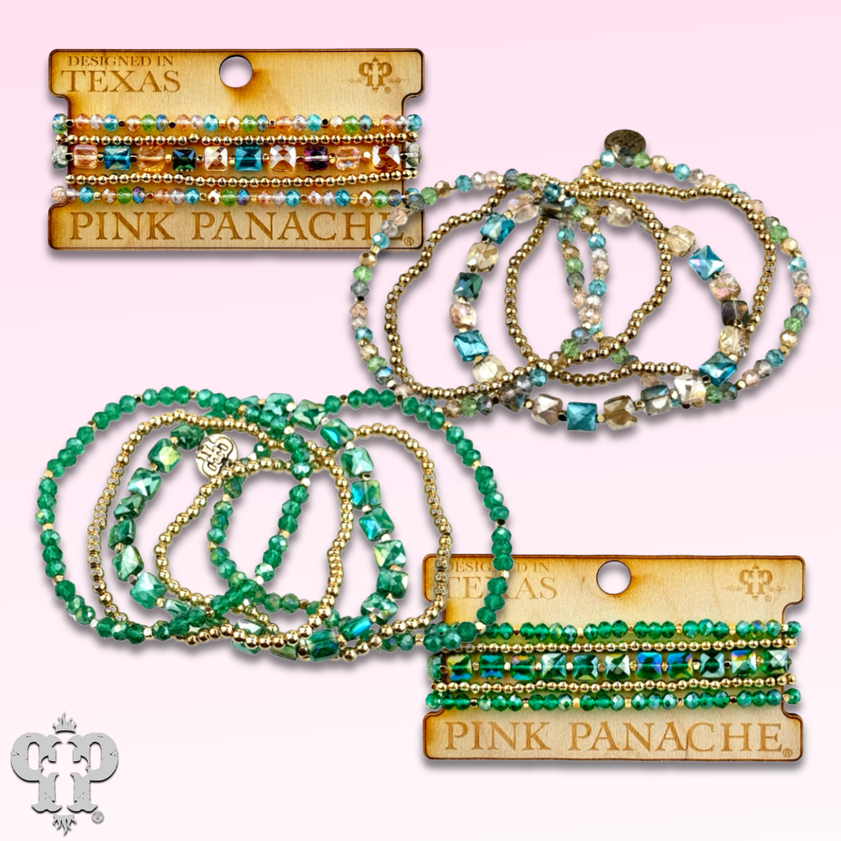 Pink Panache Brands beaded bracelet stack with green square and round faceted beads, stylish jewelry accessory for wrist.