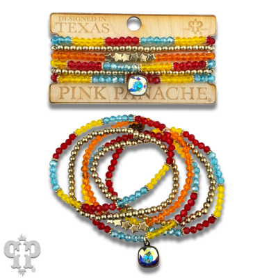 Colorful faceted round and star bead bracelet stack with Austrian crystals, featuring pink Panache Brands' stylish jewelry.
