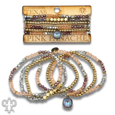 Colorful faceted round and star bead bracelet stack with Austrian crystals, crafted by Pink Panache Brands.