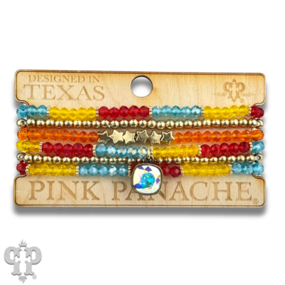 Colorful faceted round and star beads bracelet stack with Austrian crystals, featuring pink panache brands' stylish jewelry design.