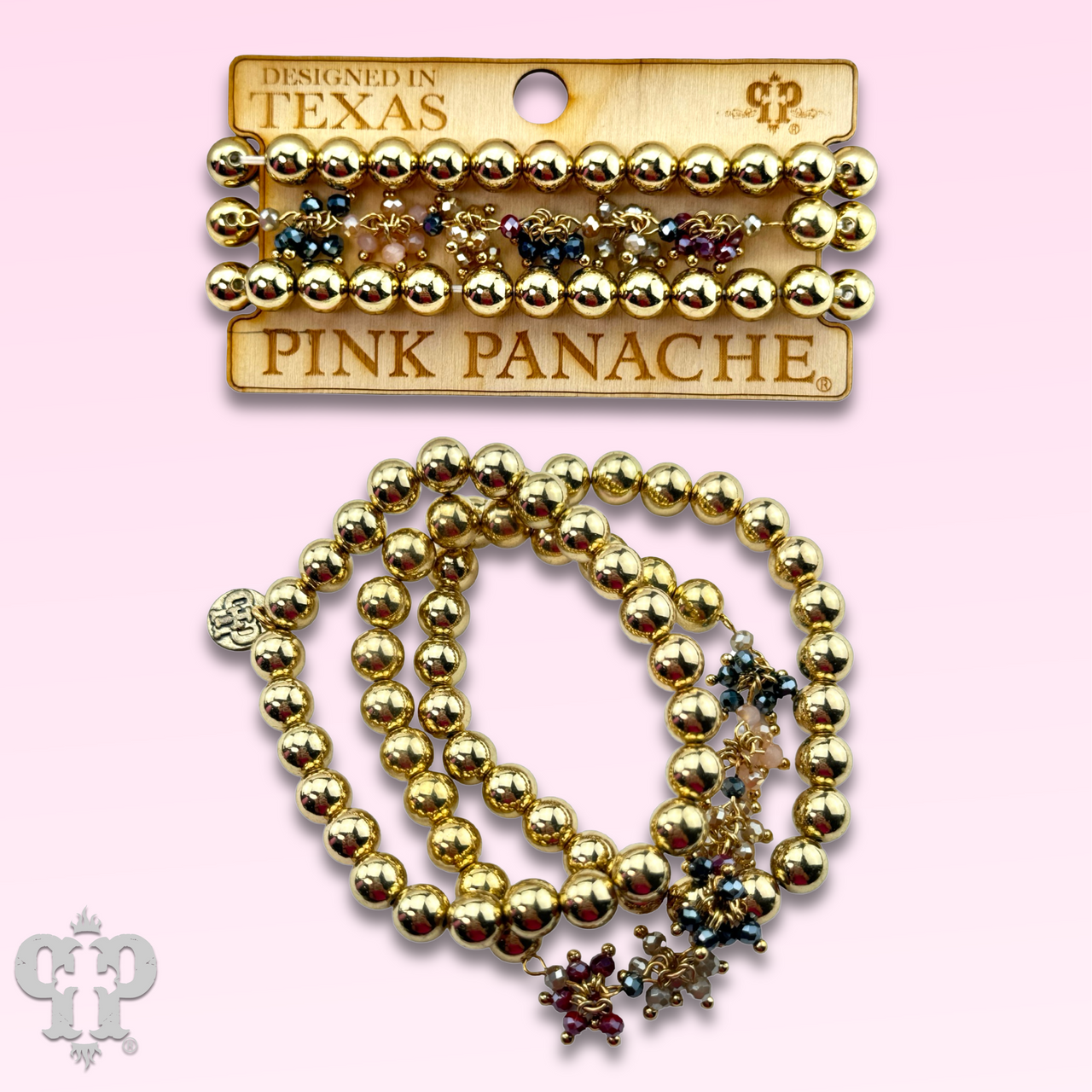 Gold and multi-color beaded bracelet set by Pink Panache Brands featuring vibrant, mixed-tone bracelets with gold accents.