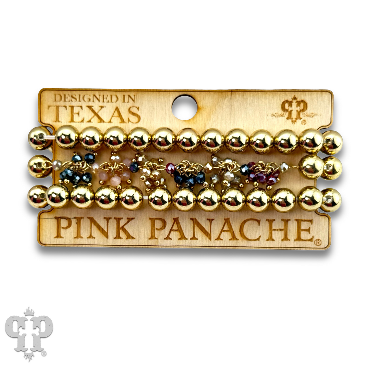Gold and multi-color bead bracelet set featuring pink and vibrant beads, stylish accessories from Pink Panache Brands