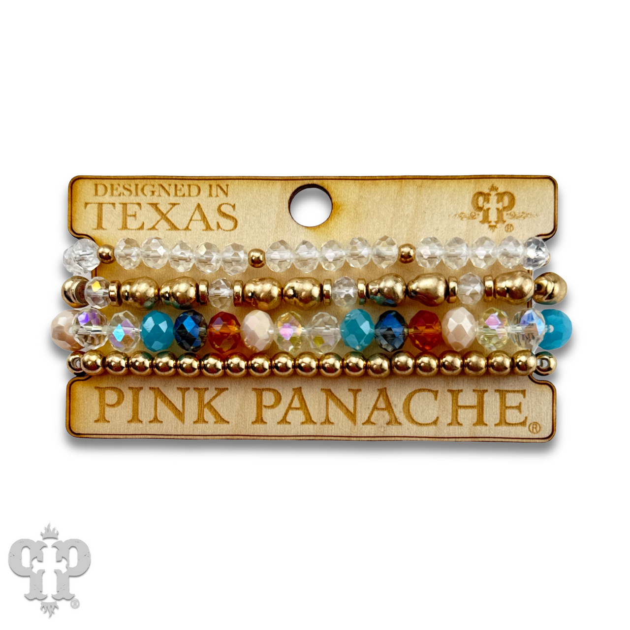 Multi-color and gold bead bracelet by Pink Panache Brands with vibrant beads and elegant gold accents.