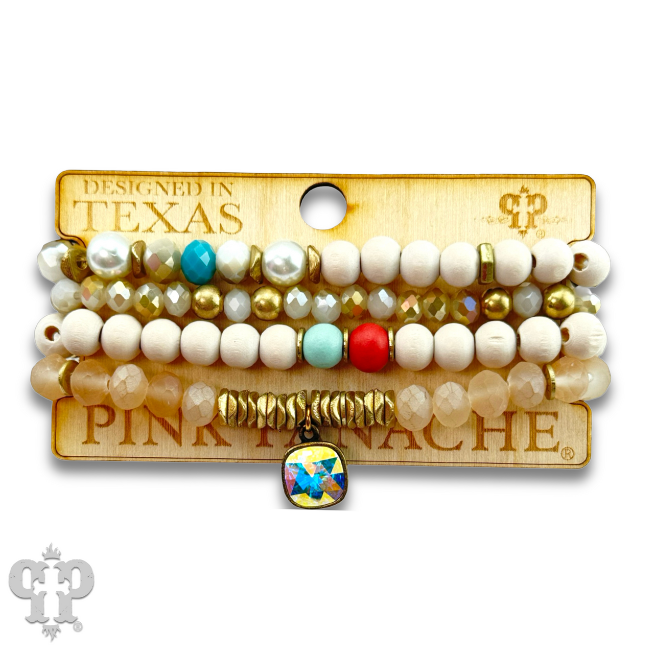 Multi-color and white bracelet set by Pink Panache Brands featuring Austrian crystals, showcasing vibrant and elegant jewelry.