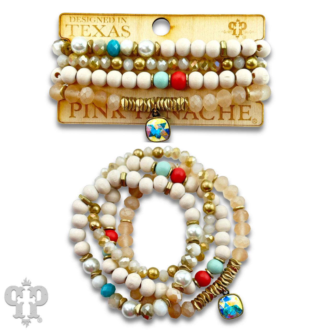 Multi-color and white bracelet set by Pink Panache Brands featuring Austrian crystal accents and stylish design.