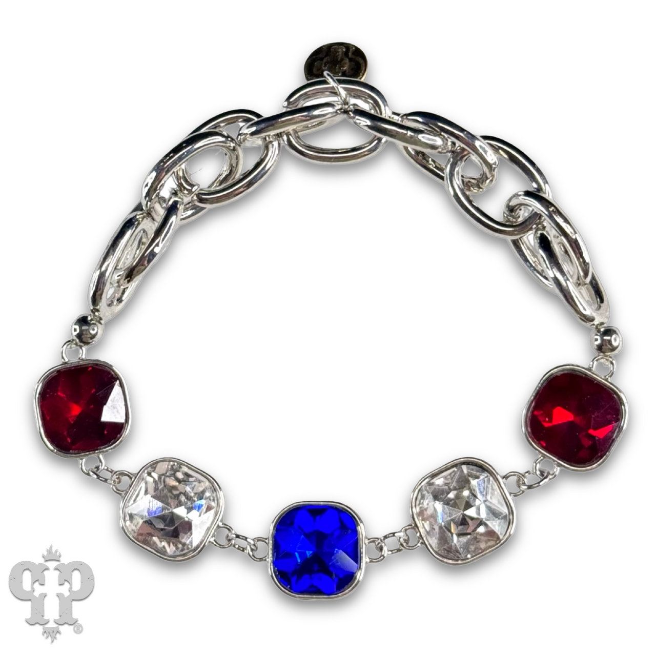 Colorful rhinestone and gold-tone stretch bracelet with square and curvy design from Pink Panache Brands.