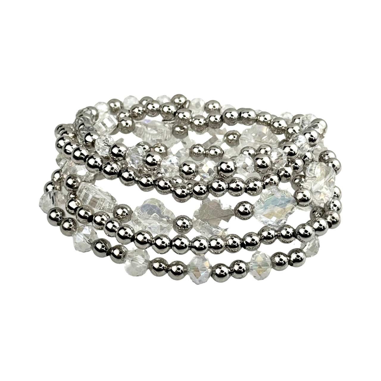 Set of pink Panache Brands crystal and silver bead bracelets, featuring sparkling crystals and shiny silver beads, stylish accessories.