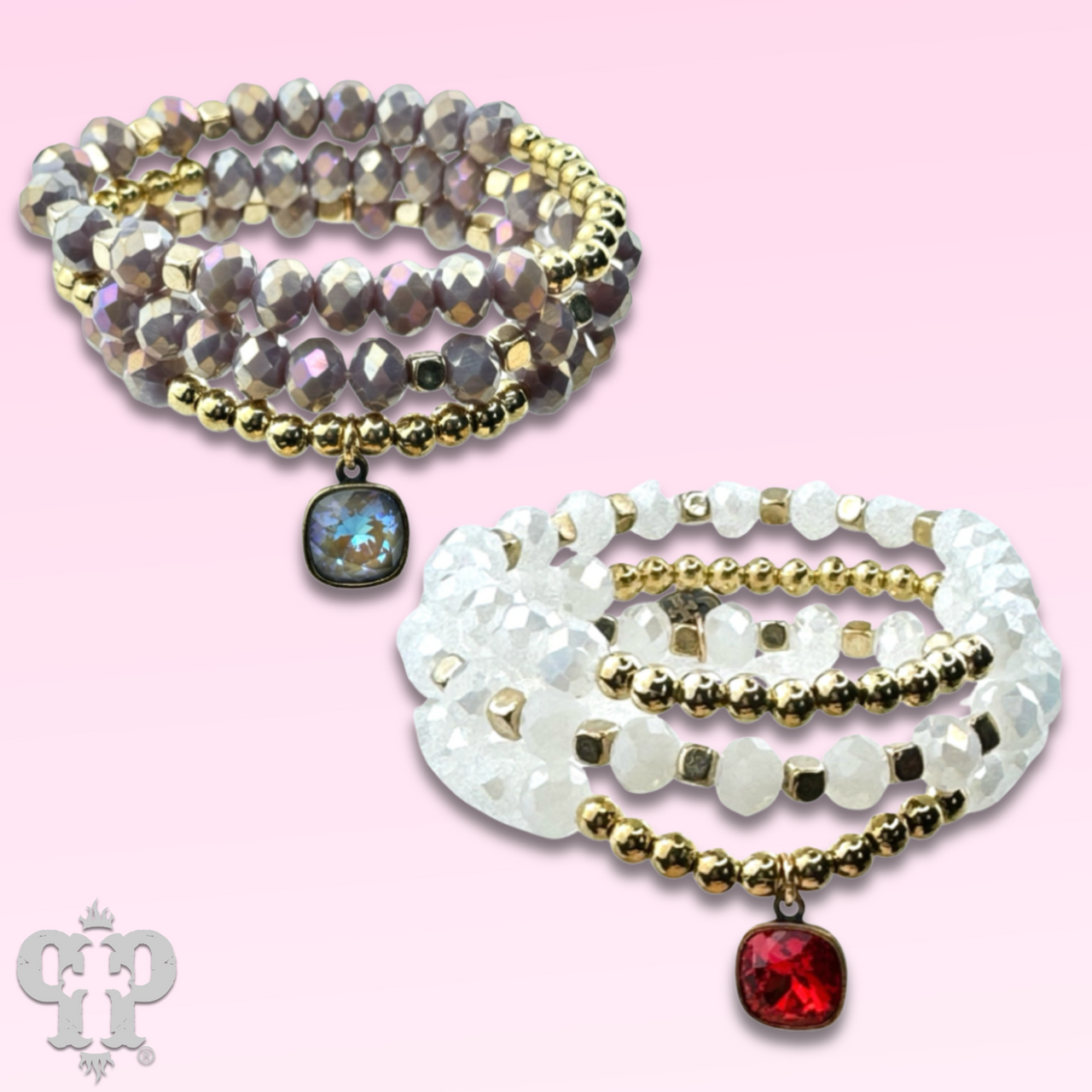 Faceted crystal and gold three-strand beaded bracelet with Austrian crystals from Pink Panache Brands, elegant jewelry accessory.