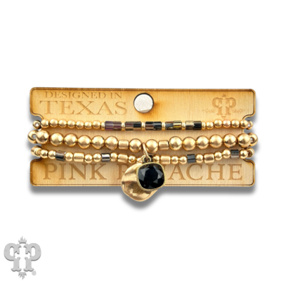 Matte gold and square glass bead bracelet stack with Austrian crystals by Pink Panache Brands, stylish jewelry accessories.