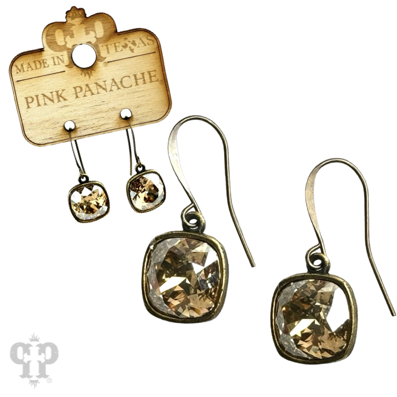 Austrian square crystal hook earring in bronze by Pink Panache Brands, 12mm size, showcasing elegant crystal design and secure hook.