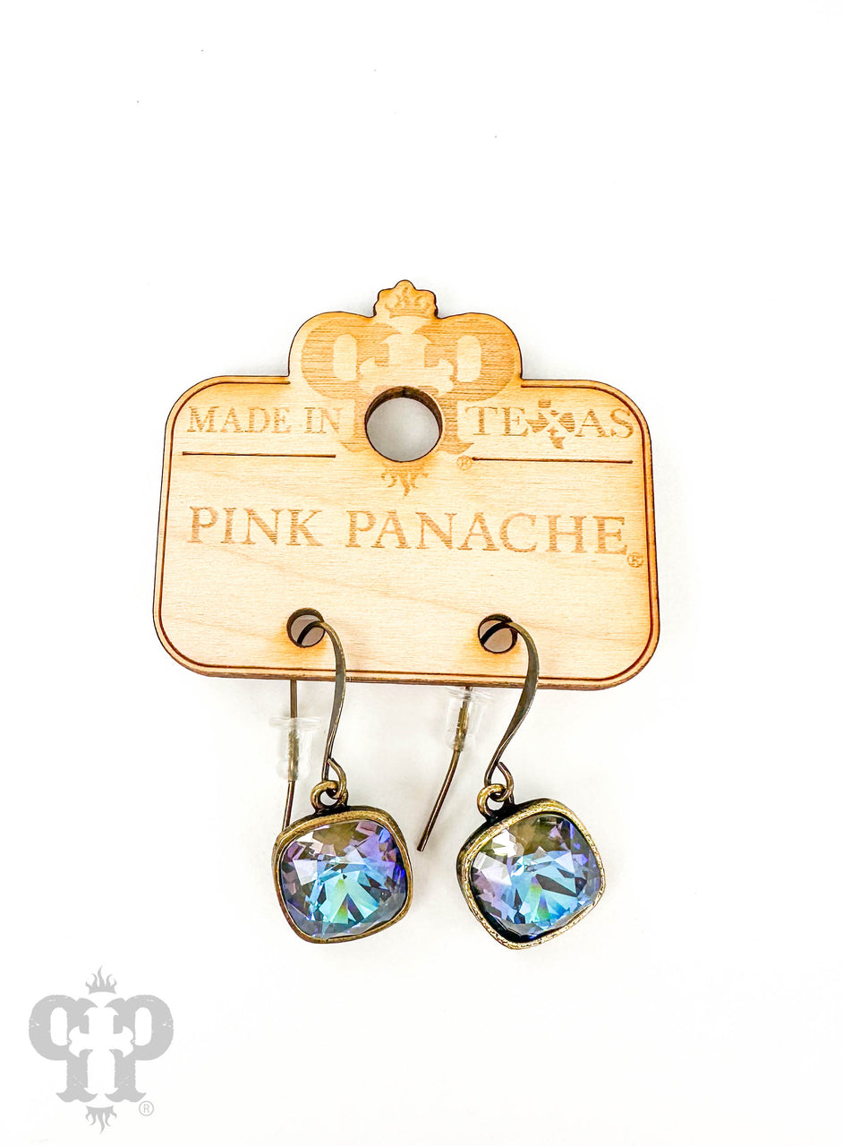 Austrian square crystal hook earrings in bronze, 12mm, by Pink Panache Brands featuring sparkling square crystals.