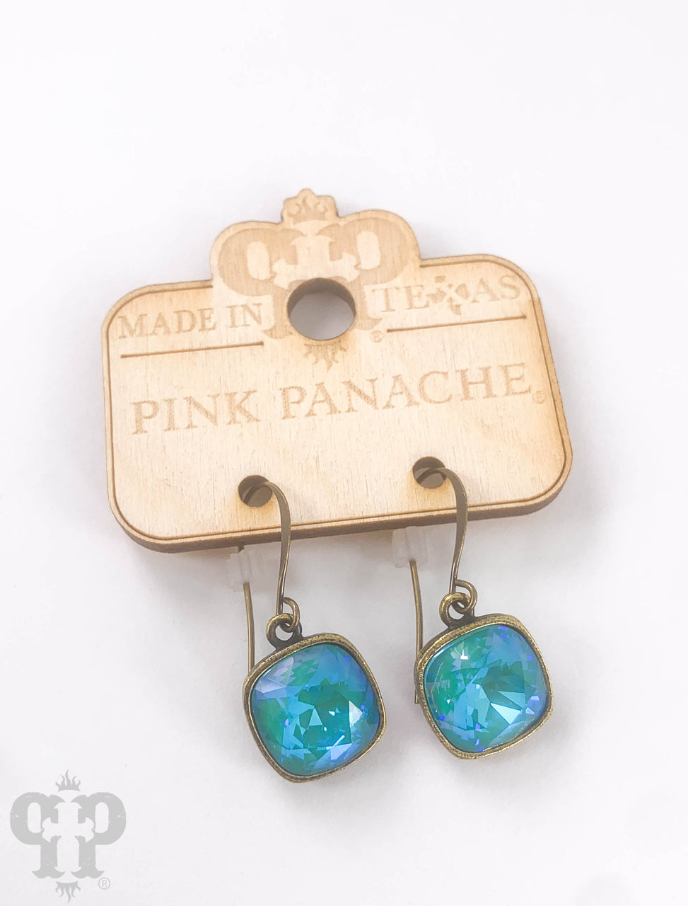 Austrian square crystal hook earring by Pink Panache Brands, 12mm bronze-tone earring with sparkling square crystal detail.