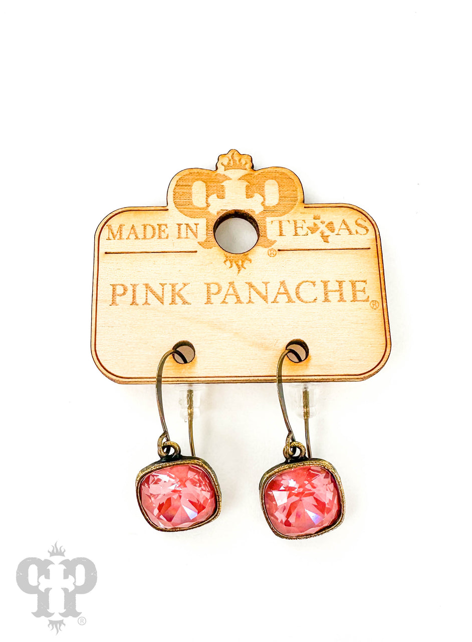 Pink Panache Brands Austrian square crystal hook earrings, 12mm, bronze tone, elegant jewelry with sparkling crystal detail.