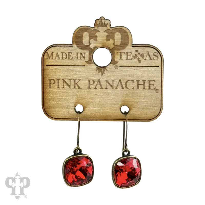 Pink Panache Brands Austrian square crystal hook earrings, 12mm, featuring bronze-tone metal and sparkling square crystal accents.