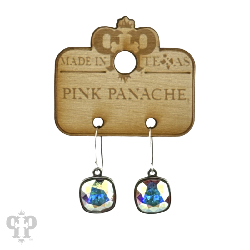 Austrian square crystal hook earring by Pink Panache Brands, 12mm bronze-tone earring with sparkling square crystal detail.