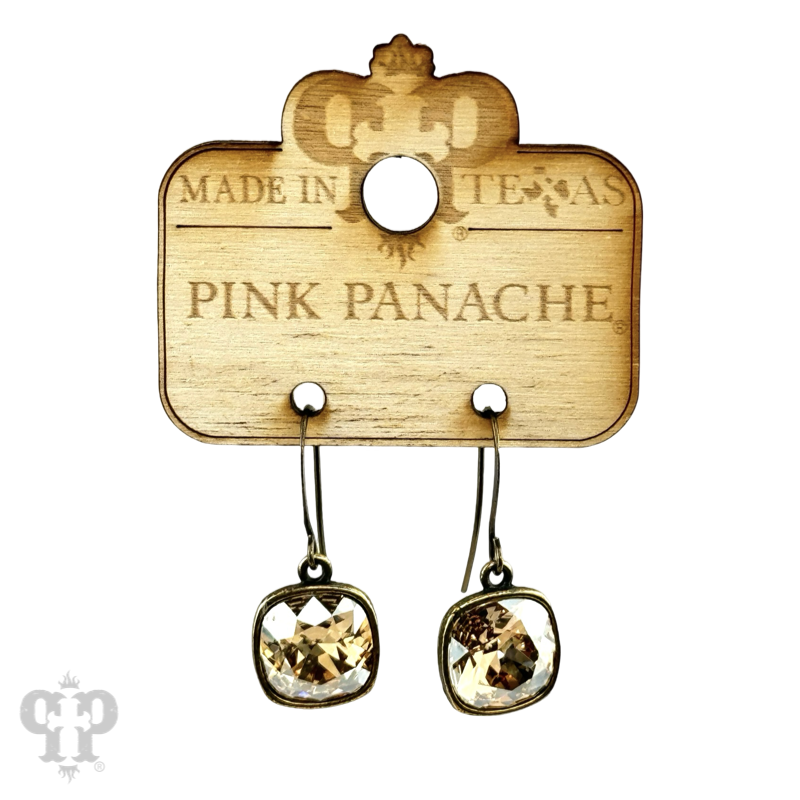 Austrian square crystal hook earrings in bronze, 12mm size, by Pink Panache Brands, featuring sparkling crystal accents.