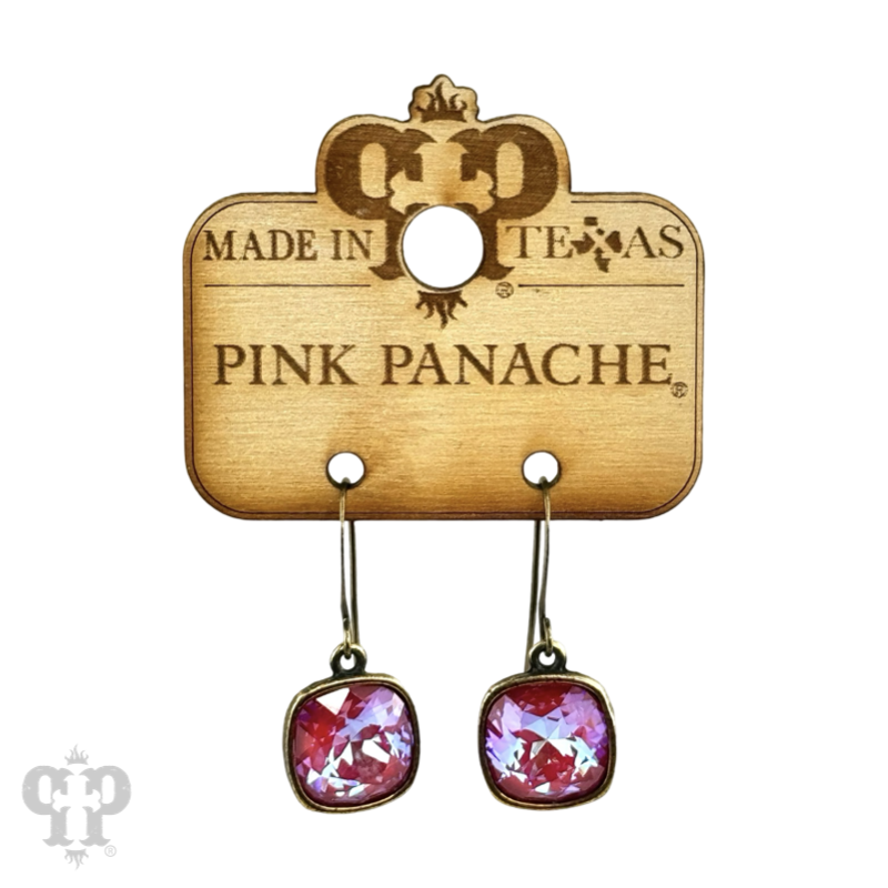 Austrian square crystal hook earrings by Pink Panache Brands, 12mm bronze-tone earrings featuring sparkling crystal accents.