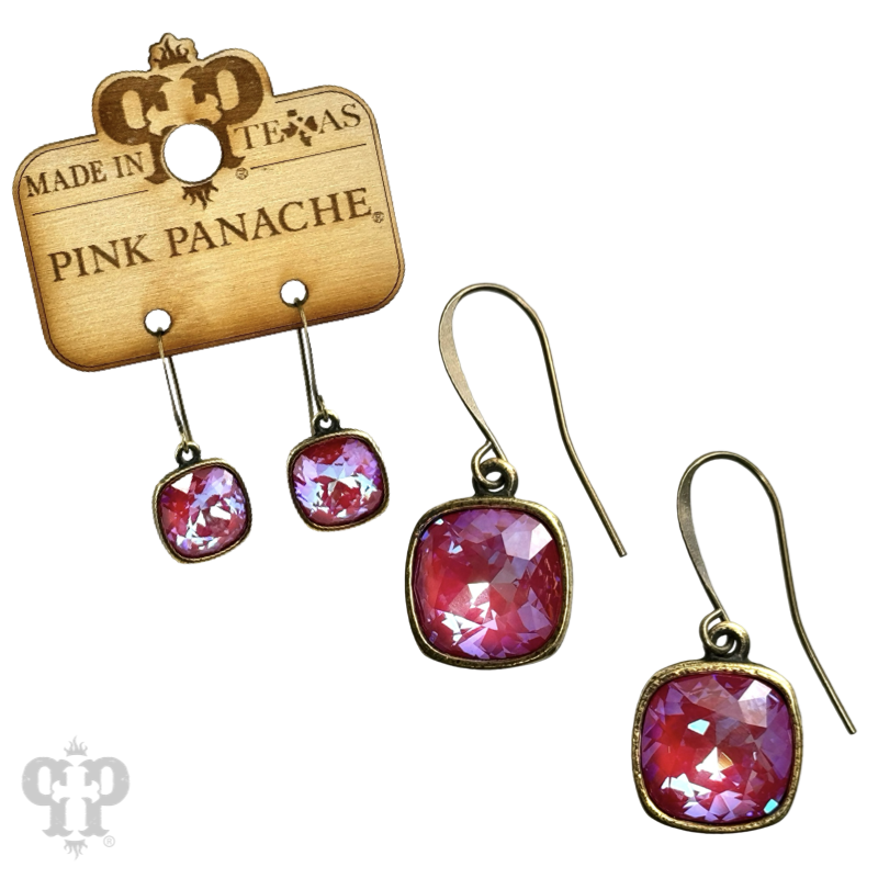 Austrian square crystal hook earrings by Pink Panache Brands, 12mm bronze earrings with sparkling square crystal accents.