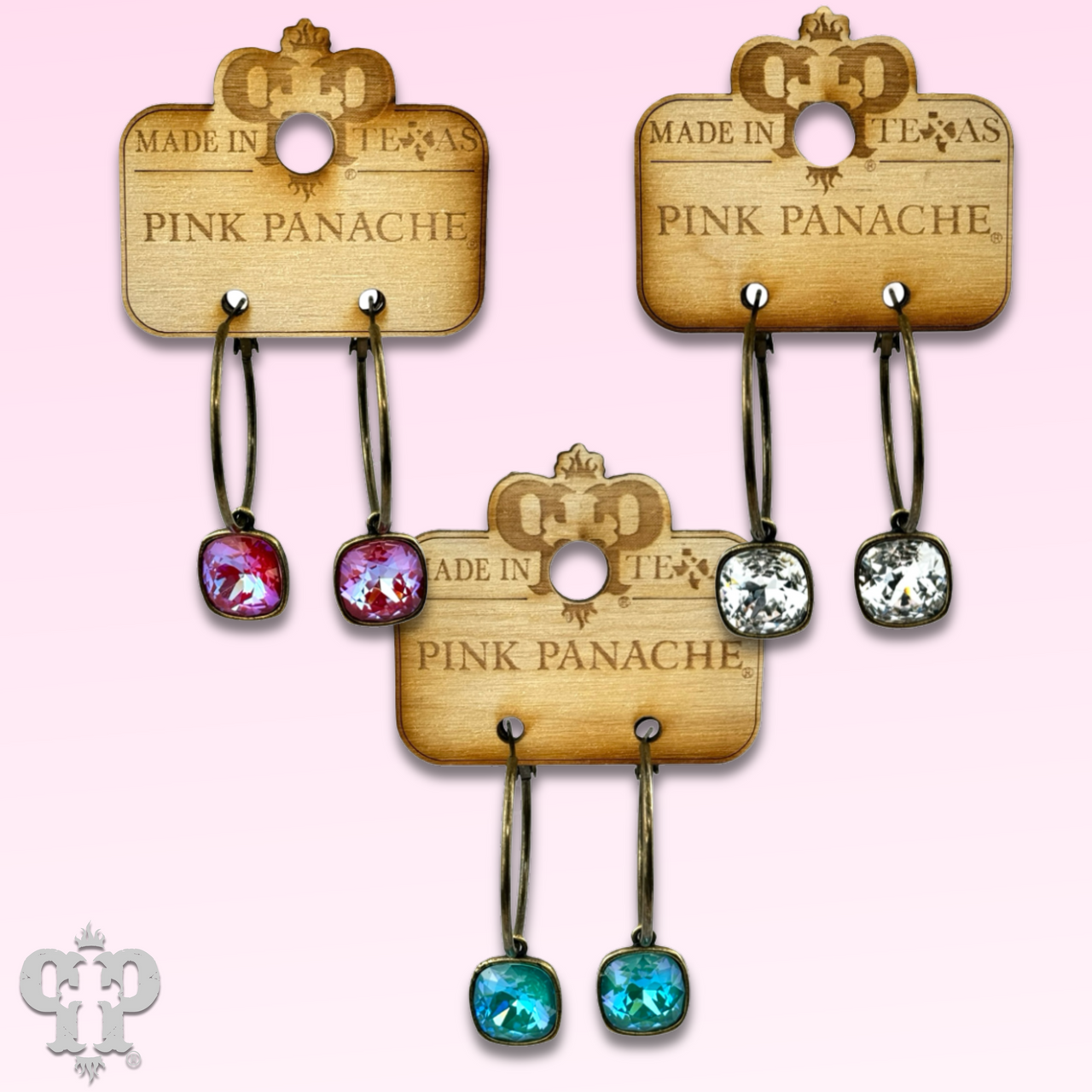 Pink Panache Brands square bronze Austrian crystal hoop earring, 12mm, showcasing sparkling crystals and sleek hoop design.