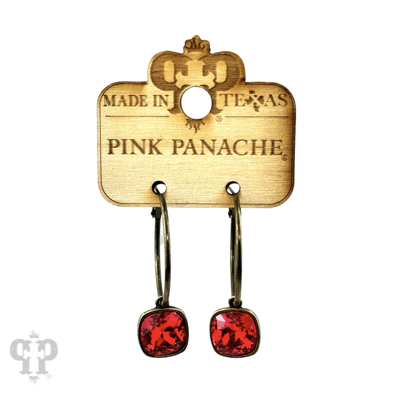 Pink Panache Brands square Austrian crystal hoop earring in bronze, 12mm size, showcasing sparkling crystal details.